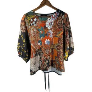 Bryn Walker Womens Floral Artsy Top Sz S Boho Tie Back Asian Inspired Boxy